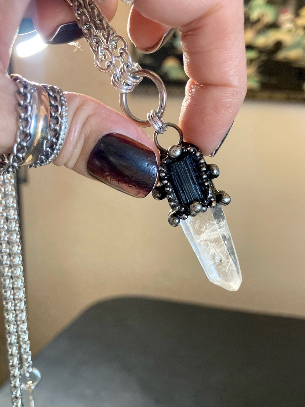 Genuine clear crystal quartz & black tourmaline on wheat chain choker necklace - Picture 3 of 12